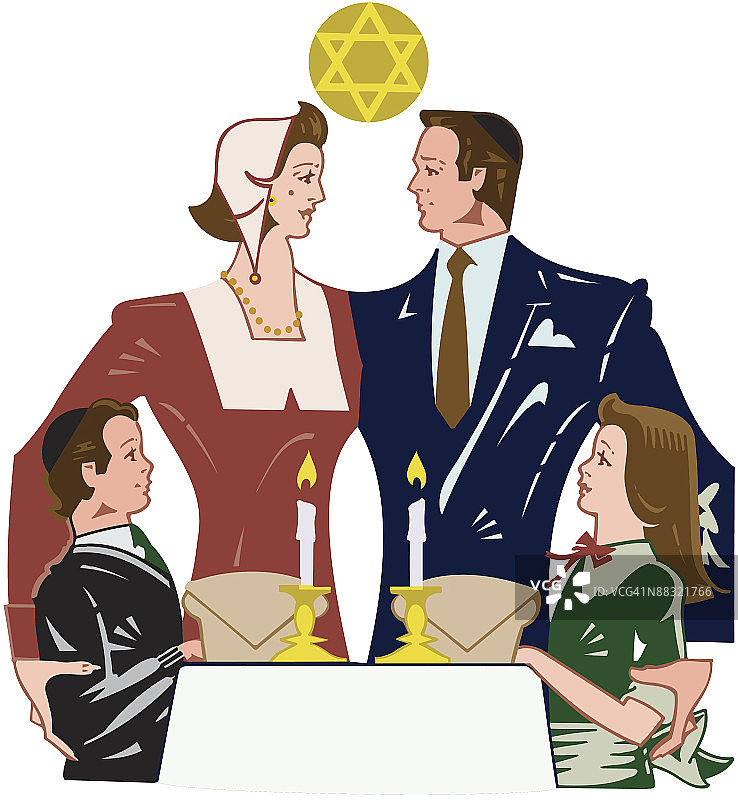 家庭庆祝犹太节日彩色分层照片，也提供黑白版本图片素材