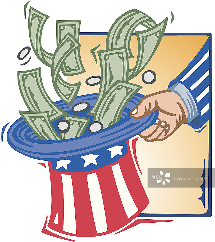 山姆大叔的帽子和钱币，彩色插画元素：纳税与政府支出图片素材