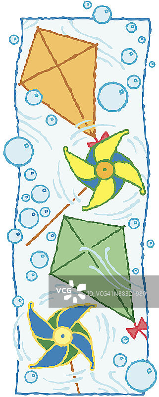 风筝、风车和泡泡，彩色插画，春季元素，庆祝季节图片素材