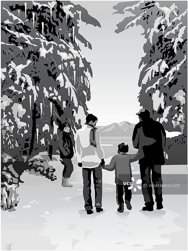 冬日森林中散步的一家人（灰度）图片素材