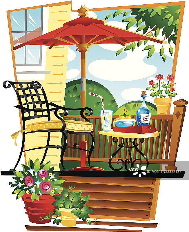 平台上庭院家具，彩色分组元素图片素材