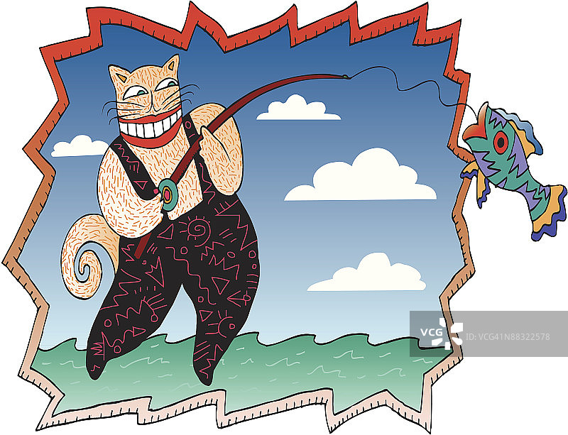 猫钓鱼渐变色图片素材