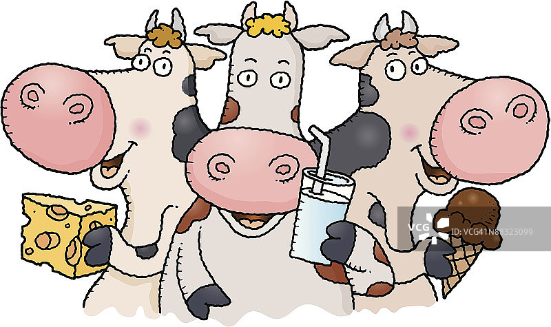 奶牛与乳制品，彩色图片素材