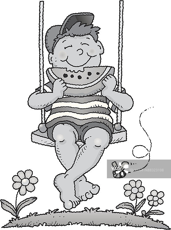 坐在秋千上吃西瓜的男孩（灰度图）图片素材