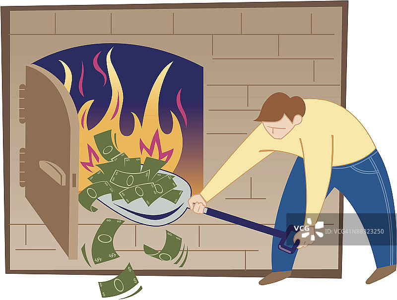 男人用铲子把钱铲进熔炉，彩色分组元素图片素材