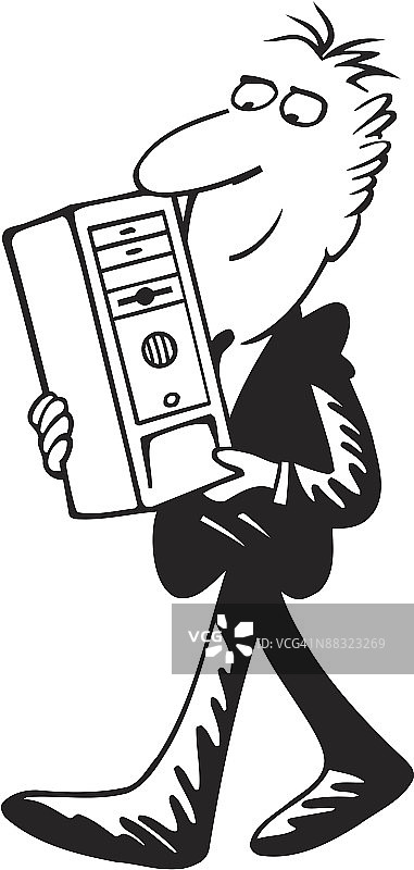 男人抱着硬盘塔，上面写着“需要更多内存”，这是你最珍贵的财产吗？图片素材