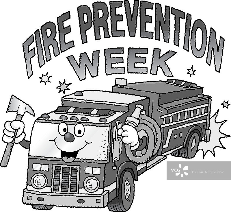 动画消防车，消防宣传周，灰度图片素材