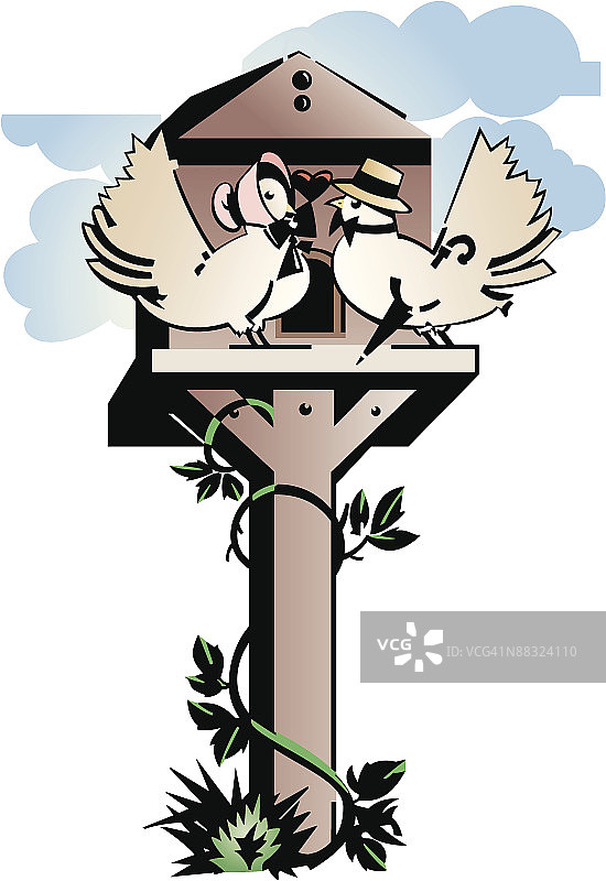 鸟舍前的快乐鸟夫妻，彩色分组元素图片素材