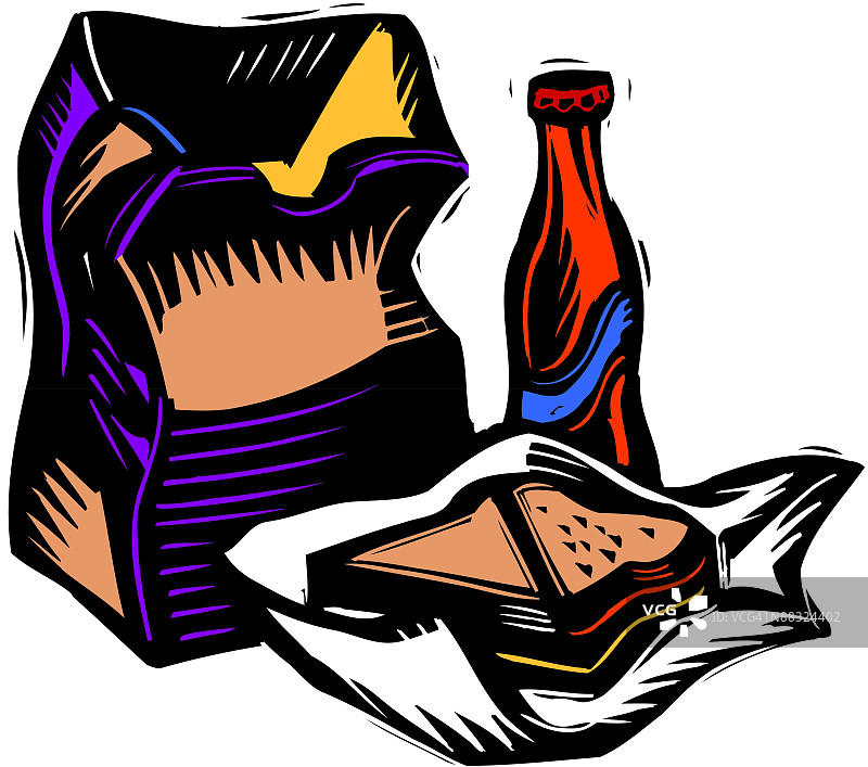 含三明治和软饮料的午餐袋（彩色）图片素材