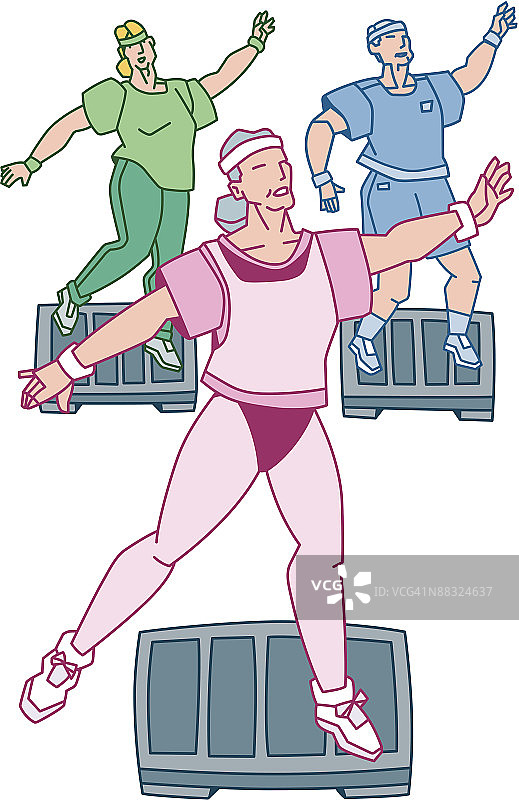做有氧踏步运动的人们（彩色插画）图片素材