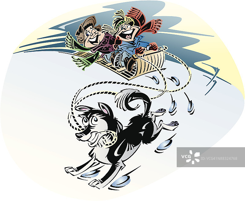两个孩子乘坐狗拉的雪橇图片素材