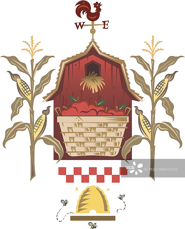 谷仓、玉米、苹果和蜂箱 彩色组合元素图片素材