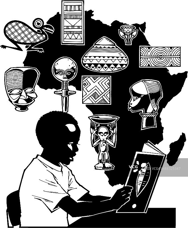 男孩在阅读关于非洲的书籍图片素材