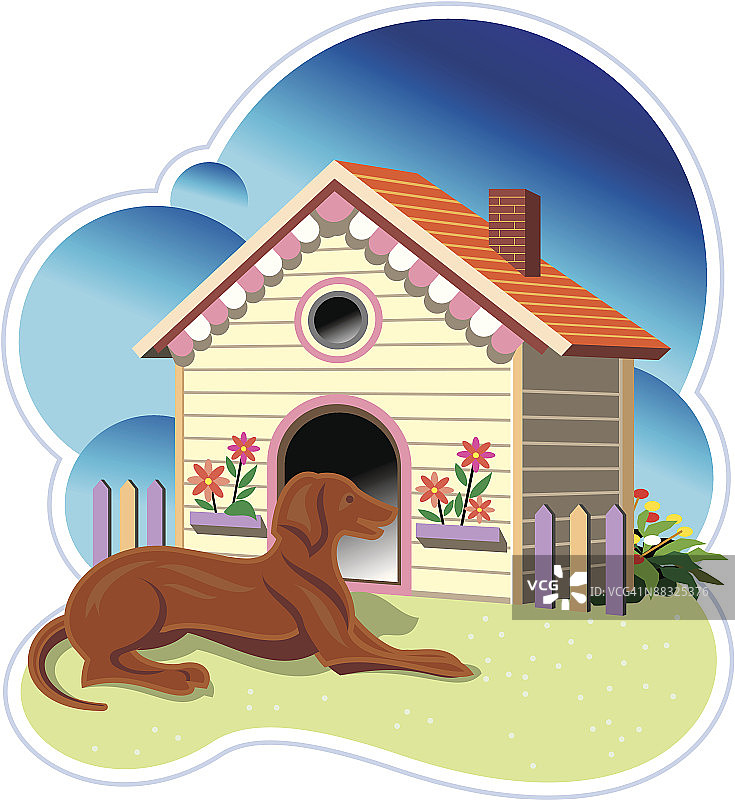 狗狗在房子前休息，彩色分组元素图片素材