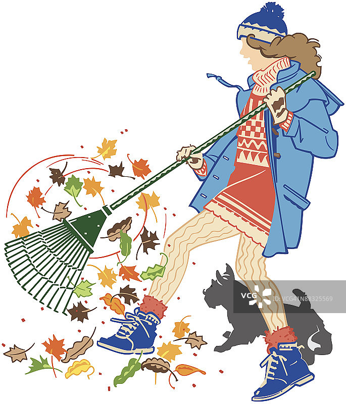 正在耙树叶的女人，彩色分层素材图片素材