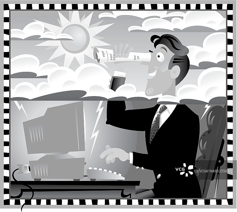 在电脑前看卷纸的商人（灰度图）图片素材