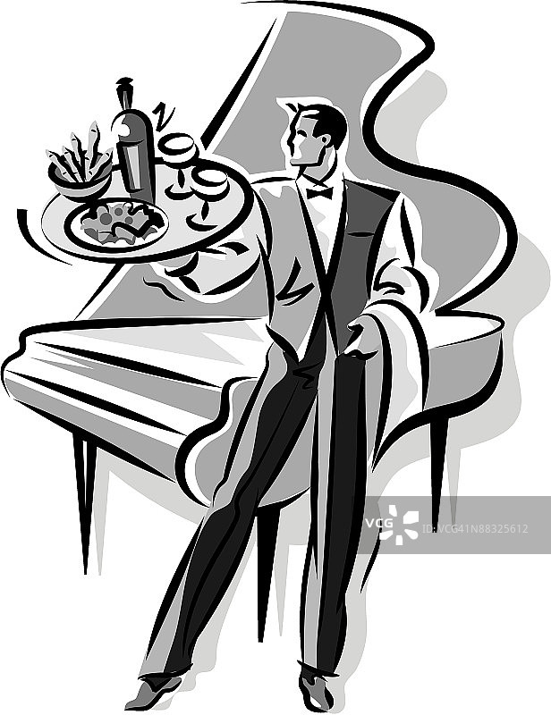 侍者站在三角钢琴前，手托托盘图片素材