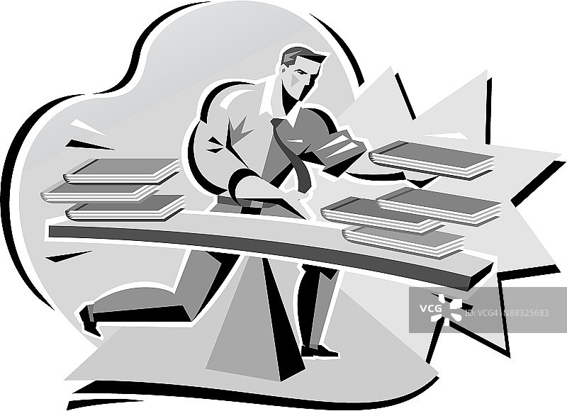 商人平衡在跷跷板上的书籍，灰度图片素材