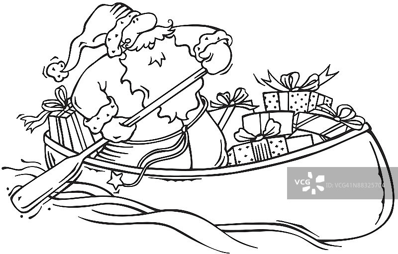 划独木舟送礼物的圣诞老人图片素材