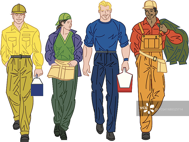 工厂工人彩色插画：典型的一天，开始工作图片素材