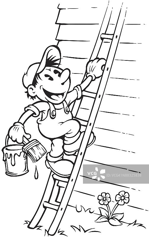 男人拿着油漆桶和刷子爬梯子图片素材