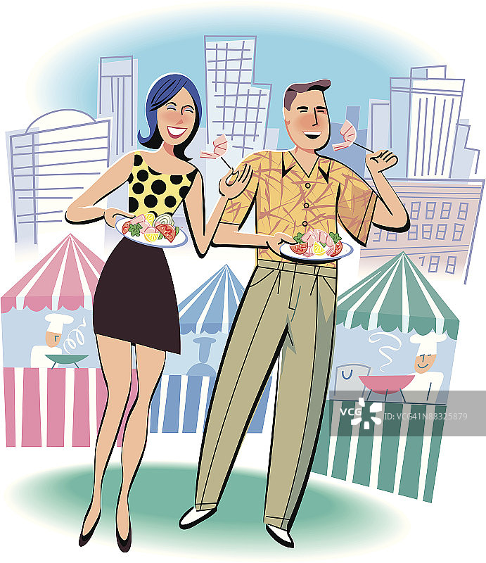 一对年轻的白人夫妇在城市餐厅品尝各种食物的全身照图片素材