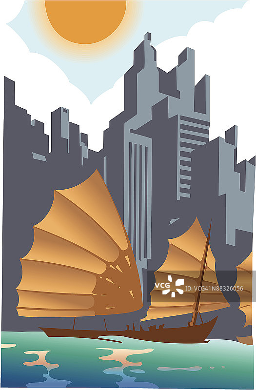 香港的帆船：彩色分层插画，独特的城市天际线图片素材