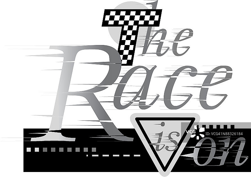 比赛开始，道路、方格旗与标志，灰度图图片素材