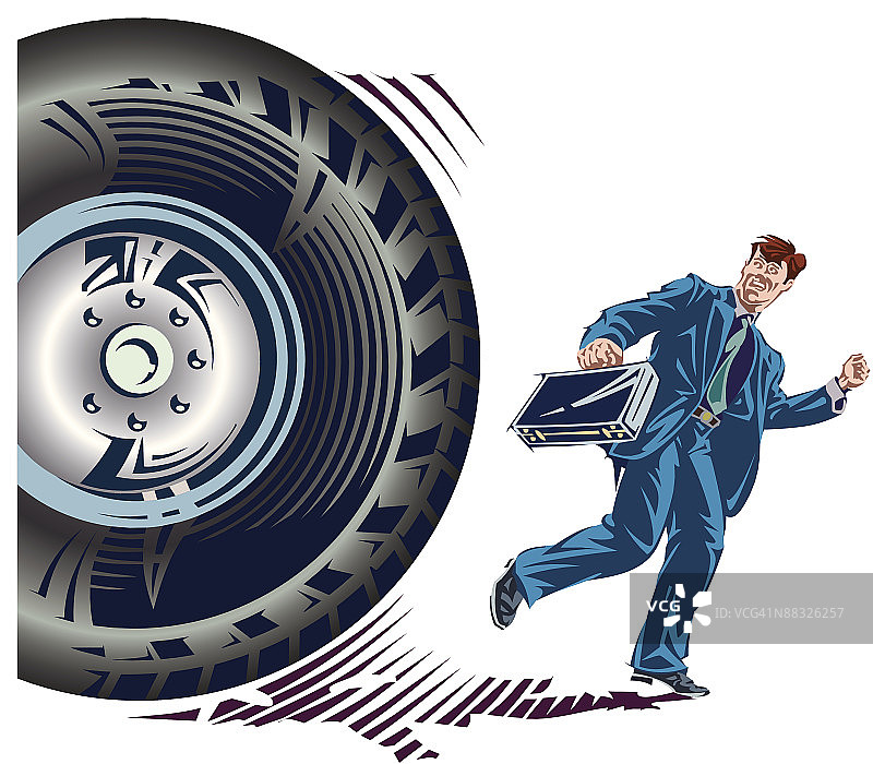 逃离巨型轮胎的商人，彩色图片，亦有黑白版本图片素材