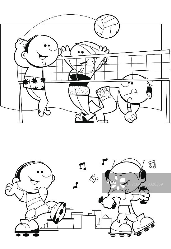 人们在海滩上打排球，情侣在玩滑轮图片素材