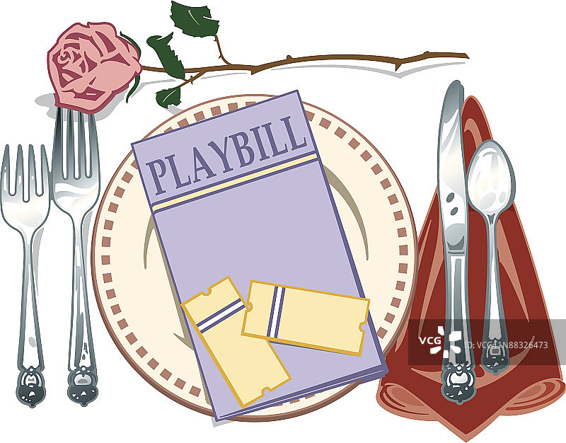 带有节目单和票据的餐具摆放图片素材