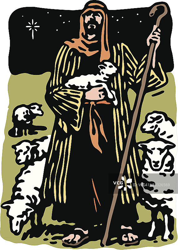 牧羊人与羊群彩色插画：繁星之夜，第一个圣诞节图片素材