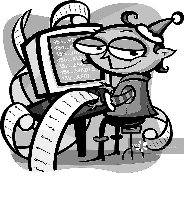 电脑上的精灵将名单上的名字输入数据库图片素材