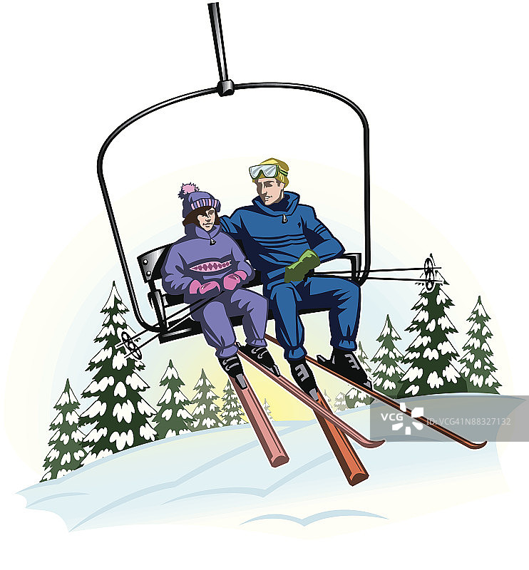 乘坐滑雪缆车的情侣图片素材