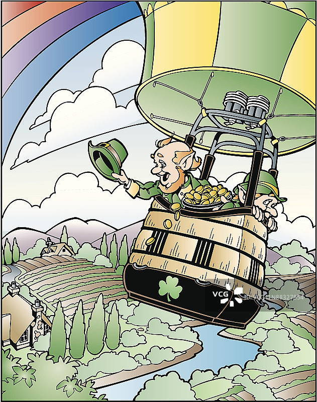 热气球上的两个矮精灵和一罐金子图片素材