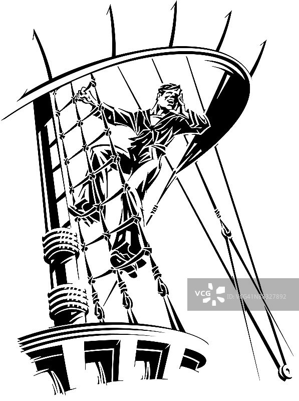 悬挂在船的索具上并呼喊的水手，注意了，陆地就在前方。图片素材