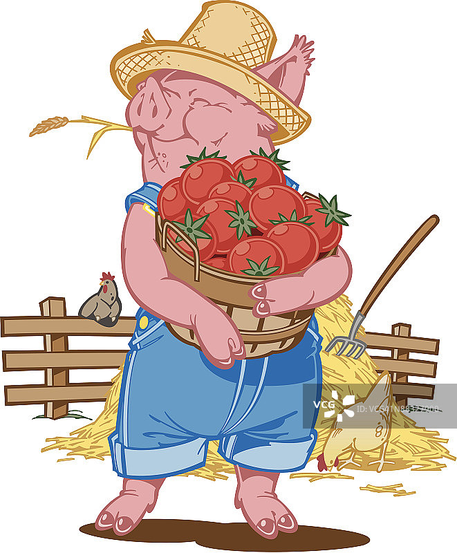 农民猪拿着一篮西红柿，彩色分组元素图片素材