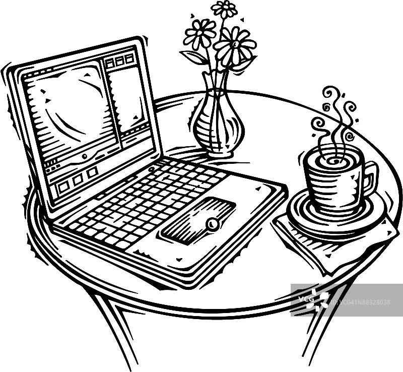 户外咖啡馆桌子上的笔记本电脑图片素材