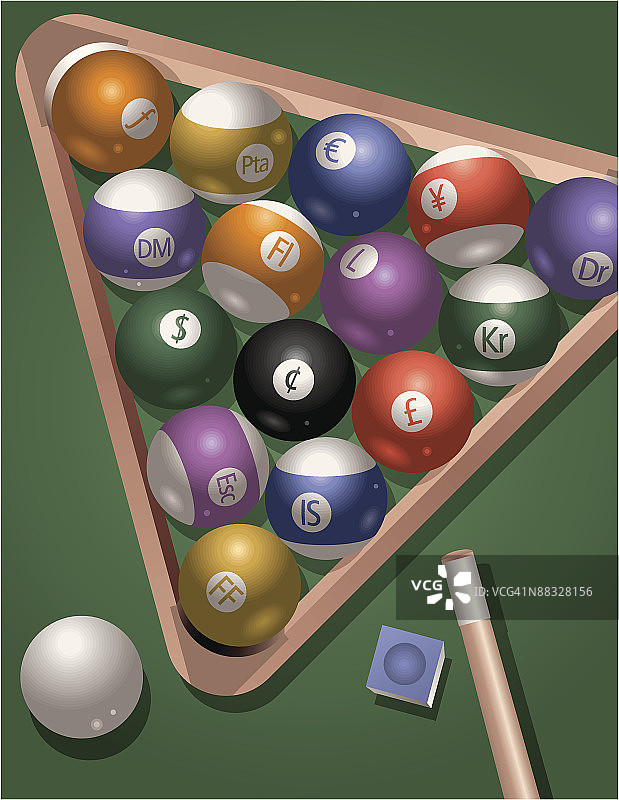 带有国际货币符号的台球摆放，彩色分组元素图片素材