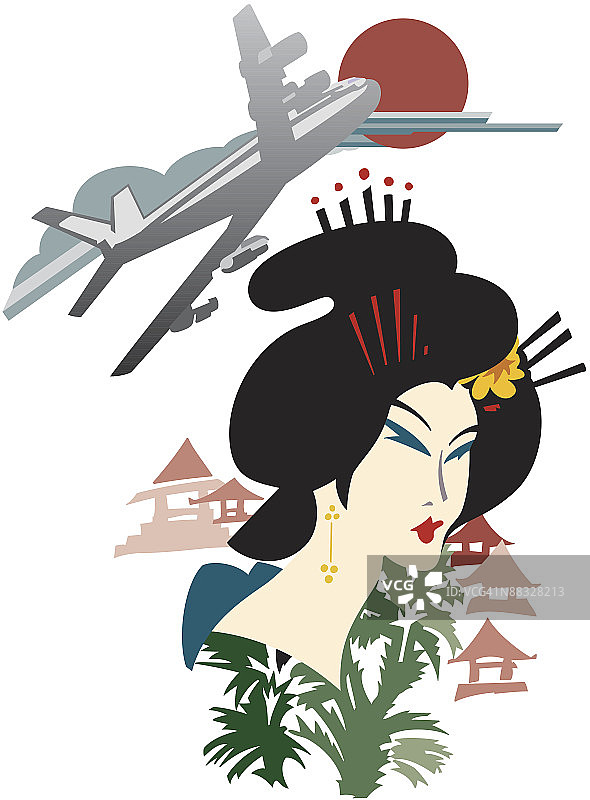 东方女性与飞机（彩色）图片素材