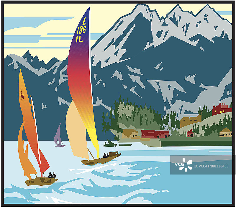 背景是山脉的帆船图片素材