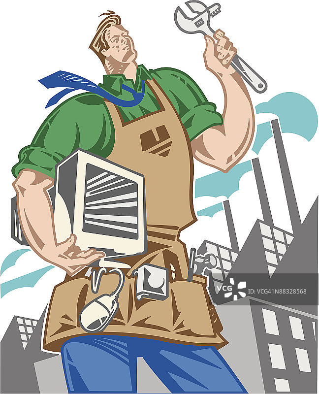 手持扳手和工具的男子插画图片素材