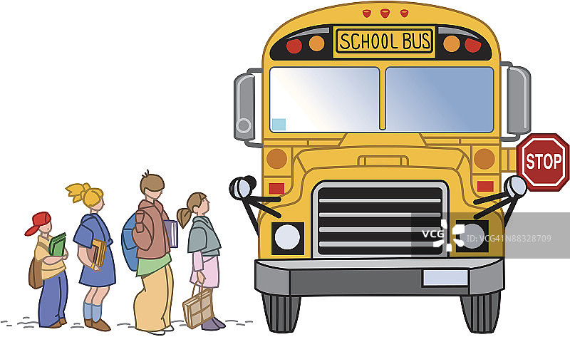 儿童乘坐校车插画（分层）图片素材