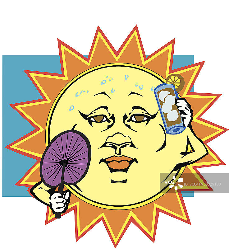 带有风扇和冷饮的动画太阳，彩色，Illustrator Ver. 5，分组元素图片素材