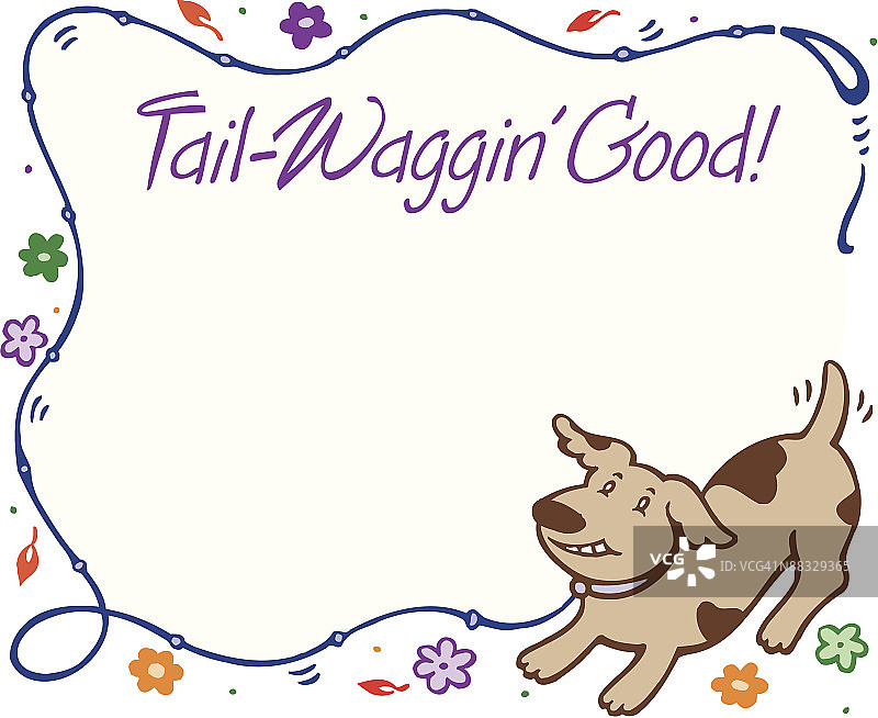 边框标题：摇尾乞怜的可爱牵绳小狗（彩色）图片素材