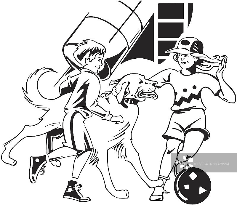 两个孩子和狗一起玩球，永远的朋友，每个人的游戏图片素材