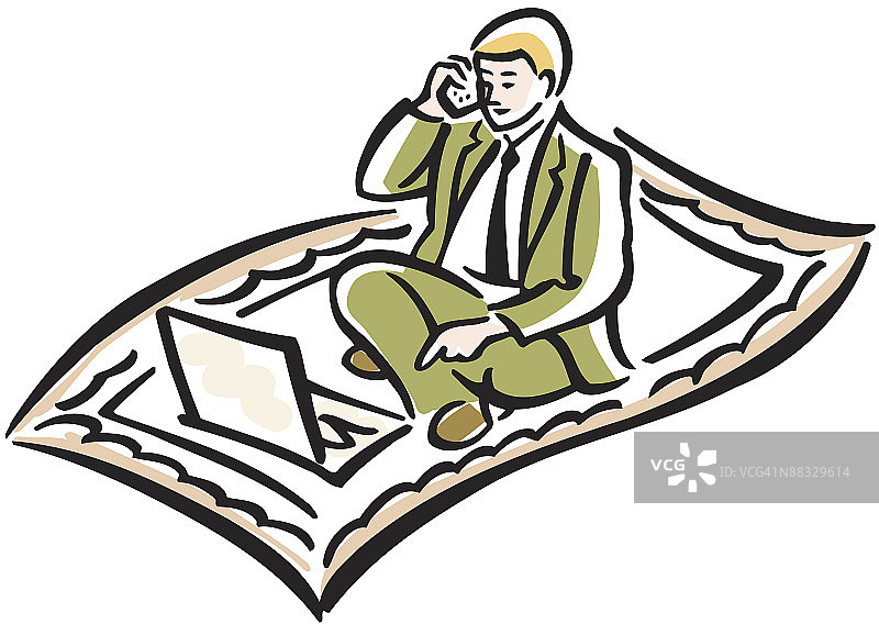 乘坐飞毯使用笔记本电脑的商人图片素材