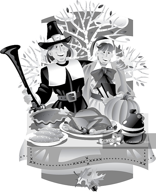 一对朝圣者夫妇站在摆满感恩节食物的桌子旁图片素材