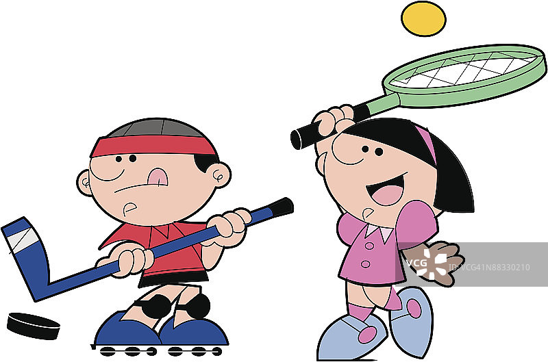 手持曲棍球棒的男孩和拿着网球拍的女孩图片素材