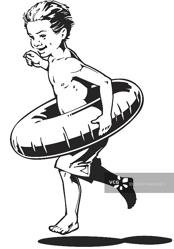 男孩拿着游泳圈奔跑图片素材